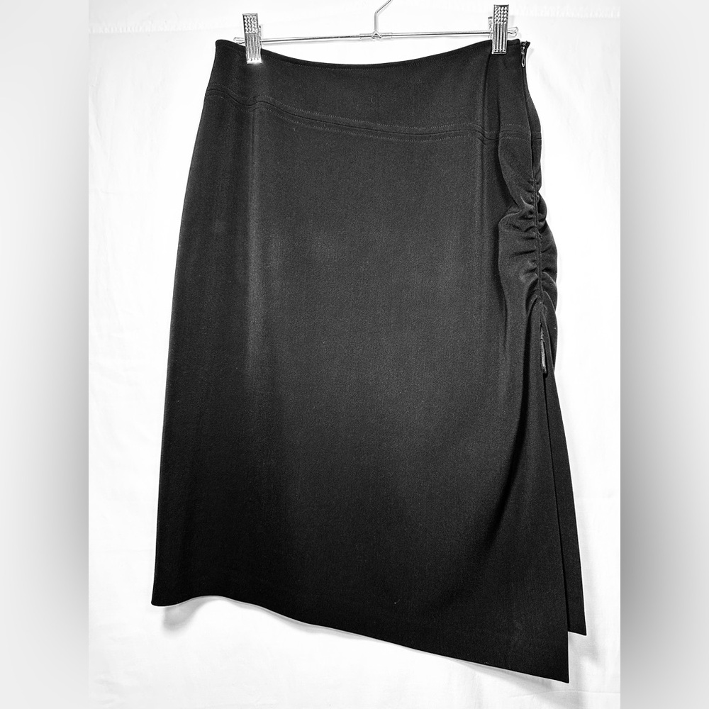 Philippe Adec Classic Black Asymmetric Midi Skirt with Side Ruched Detail